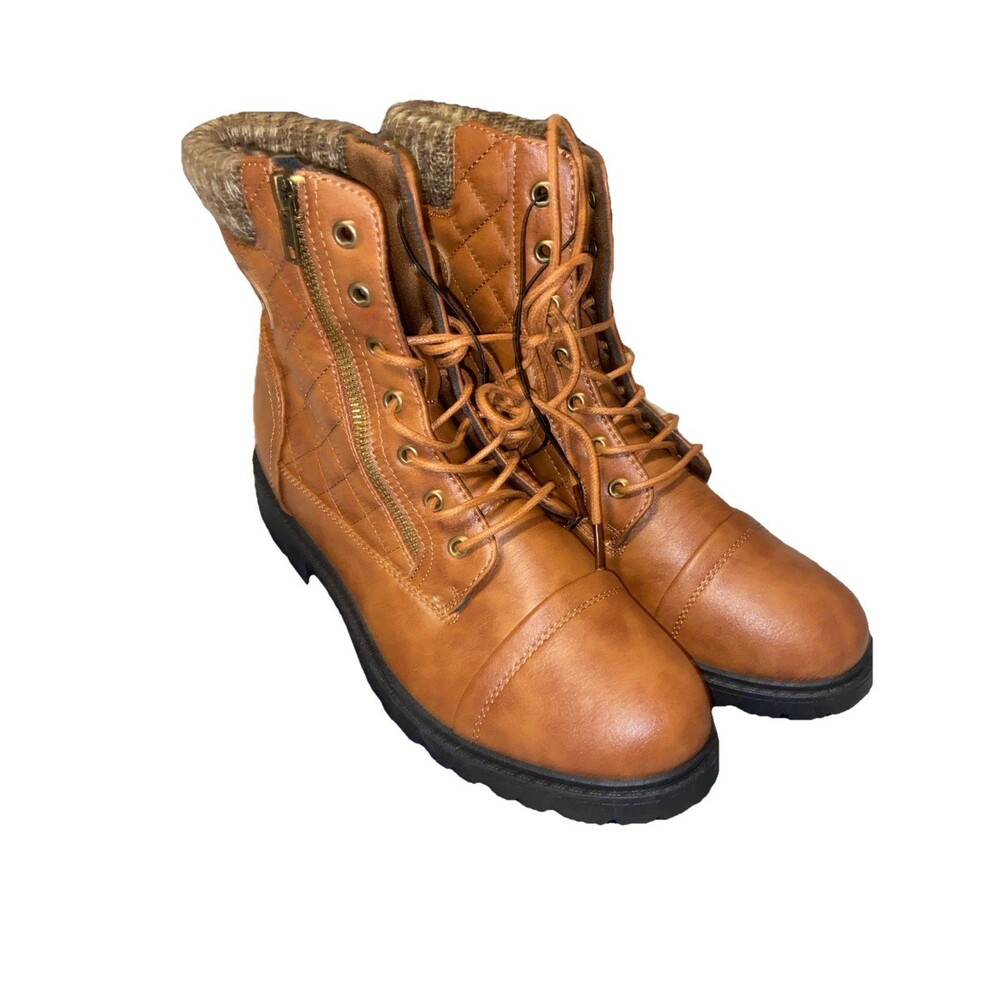 Weedoo Women’s Combat Ankle Boots Knit collar Lace Up Camel Size 11 New